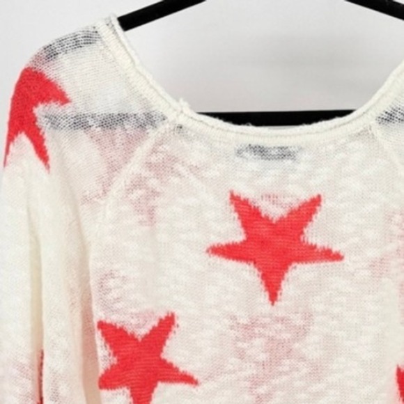 Womens Red Star Cropped Oversized Open Knit Slouchy Sweater Sheer White sz M y2k - Picture 3 of 8